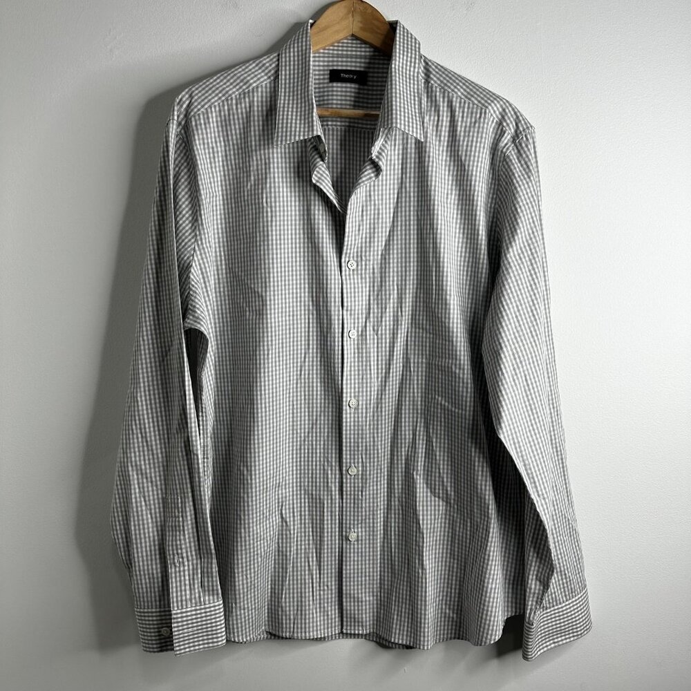 Theory Shirt Mens 2XL‎ Gray Gingham Check Sylvain Amicable Button Up Long Sleeve